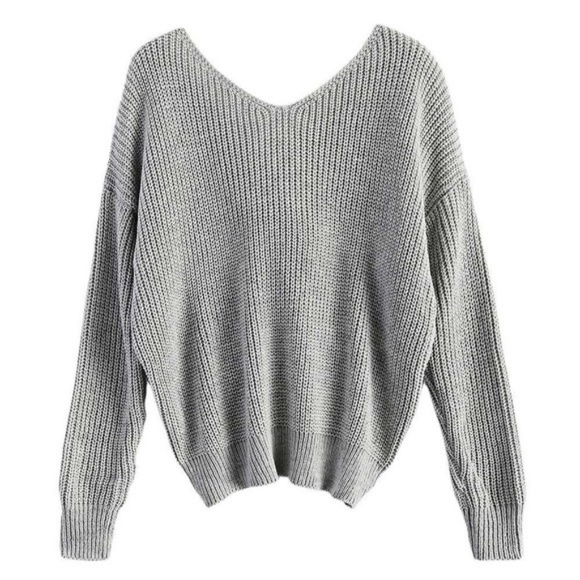 ⬇️ $49 Gray V Neck Twisted Knot Back Sweater Gray - Picture 3 of 8
